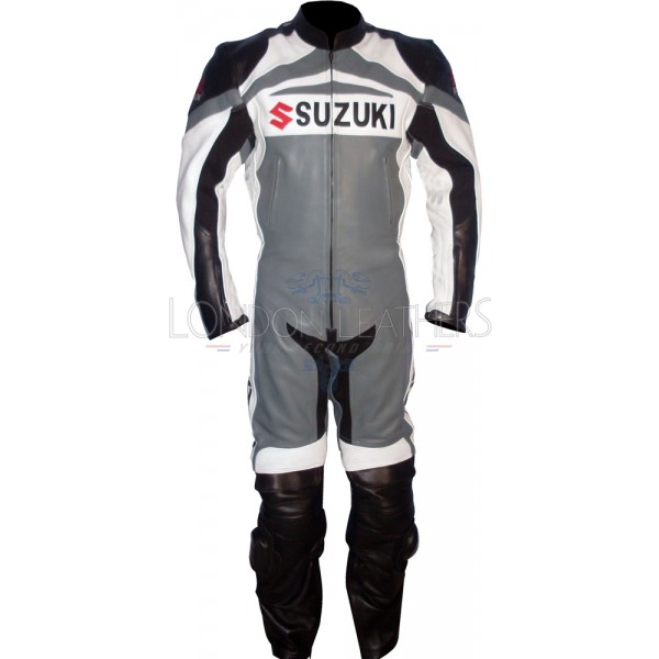 Suzuki GSX-R Super Sports Grey Black Leather Motorcycle One Piece Suit